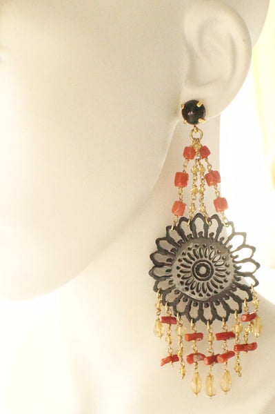 AMLE Black Sunflower, Coral Dangling Earrings